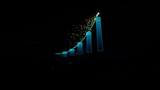Digital 3 d bar chart growth animation with rising data particles and financial success trend concept