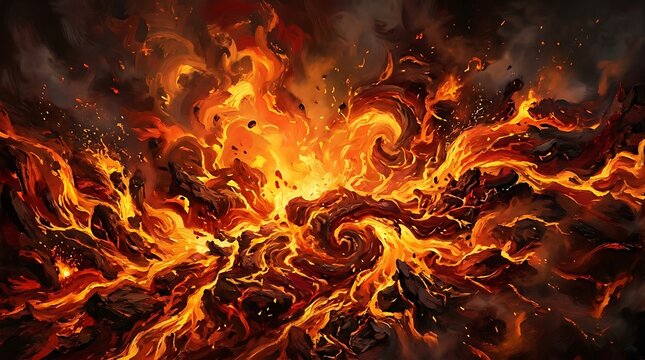 A dramatic abstract painting of a molten lava explosion with intense glowing fire and swirling magma textures.