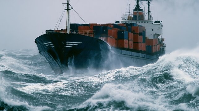Container ship sailing through rough seas with powerful waves, highlighting maritime transport, ocean shipping, cargo logistics, stormy weather, navigation, and global trade
