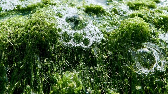 Dense filamentous algae mat floating on water surface, showing algal blooms, eutrophication, excess nutrients, foamy growth, gas bubbles and low oxygen conditions in a polluted aquatic ecosystem