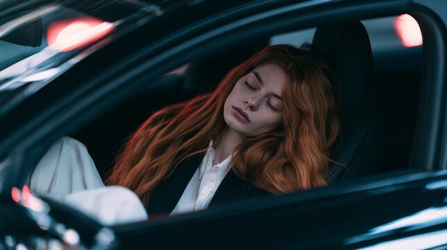 Exhausted woman sleeping inside a modern car, viewed from outside through the window, illustrating extreme fatigue, tiredness, rest, exhaustion, stress, and the need for recovery