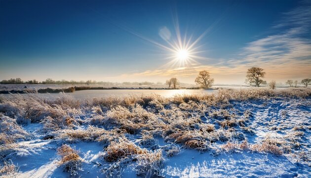 Snow Covered Meadow And Frozen Greifswalder Bodden With Sunstar In Background