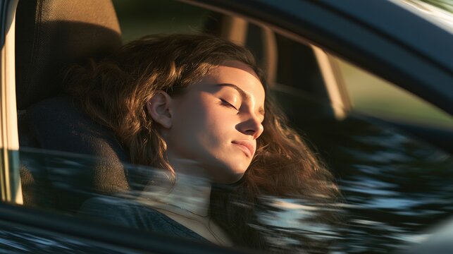 Exhausted woman sleeping inside a modern car, viewed from outside through the window, illustrating extreme fatigue, tiredness, rest, exhaustion, stress, and the need for recovery