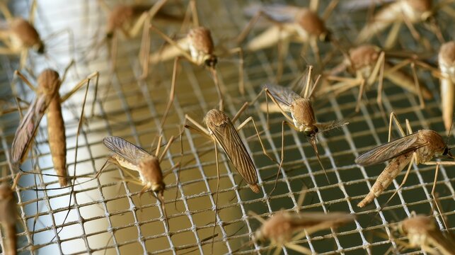 Mosquitoes trapped on an electric insect zapper grid for pest control disease prevention, showing effective mosquito elimination, household hygiene, insect control and protection from harmful pests