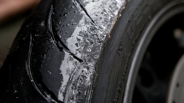 Motorcycle tire surface with visible wear and tear, showing tread damage and aging rubber while highlighting vehicle inspection, maintenance, road safety, and the importance of regular tire checks