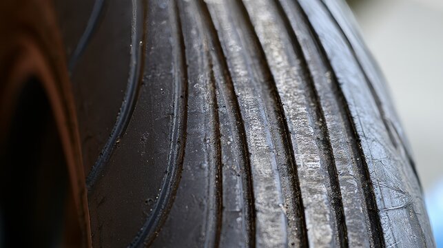 Motorcycle tire surface with visible wear and tear, showing tread damage and aging rubber while highlighting vehicle inspection, maintenance, road safety, and the importance of regular tire checks