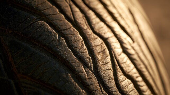 Motorcycle tire surface with visible wear and tear, showing tread damage and aging rubber while highlighting vehicle inspection, maintenance, road safety, and the importance of regular tire checks