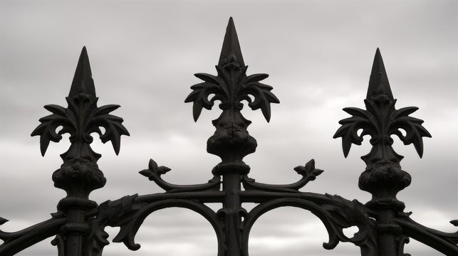 Ornamental wrought iron railing with pointed spearhead finials beneath an overcast sky, showcasing classic metalwork, architectural detail, decorative fencing, craftsmanship, elegant outdoor design