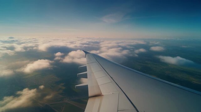 Airplane wing gliding through clouds at sunrise with cinematic motion and warm atmospheric light