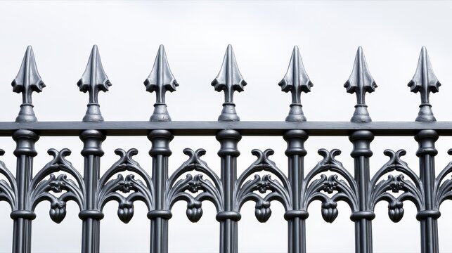 Ornamental wrought iron railing with pointed spearhead finials beneath an overcast sky, showcasing classic metalwork, architectural detail, decorative fencing, craftsmanship, elegant outdoor design