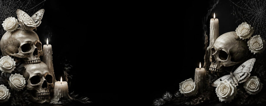 Gothic still life with skulls, white roses, candles and moths