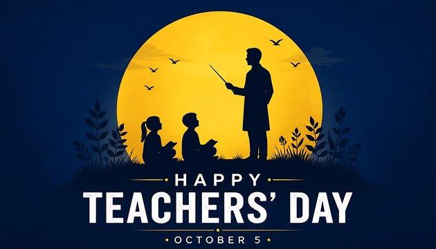 Happy teachers day silhouette illustration with teacher and students against a glowing sun and blue background education classroom learning