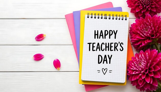 Happy teachers day greeting card with colorful notepads and bright pink flowers on a white wooden tabletop education notebook greeting celebration