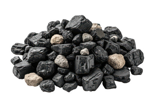 Pile of jagged charcoal pieces and light colored stones on transparent background