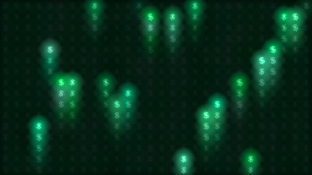 Abstract digital background with glowing emerald green dollar signs falling like rain