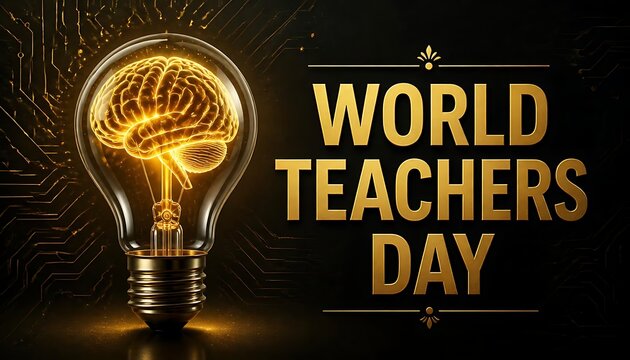 World teachers day concept featuring a glowing light bulb with a human brain inside on a dark background education knowledge learning intelligence
