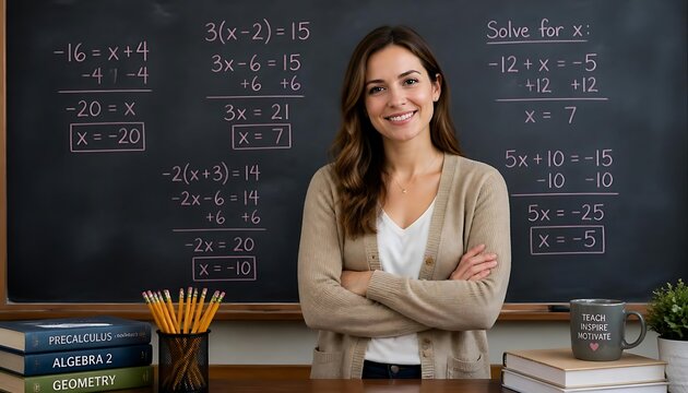 Smiling female teacher standing with arms crossed in front of a blackboard filled with math equations classroom education learning instructor