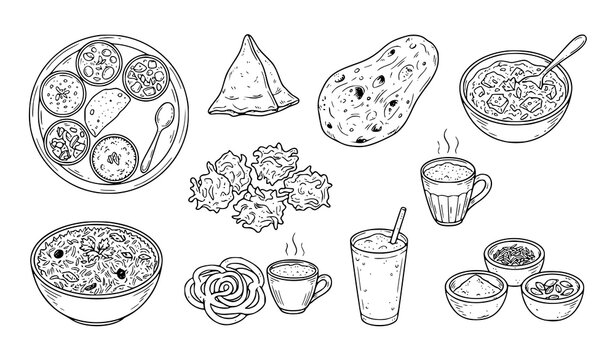 Indian Food Hand Drawn Doodle Collection with Curry Samosa Naan Biryani and Chai Vector Illustration