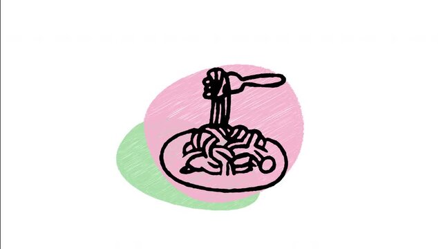 An animated hand-drawn bowl of Italian spaghetti pasta twirled around a fork with sauce. Ideal for Italian restaurant menus, pasta recipes, and traditional dining.