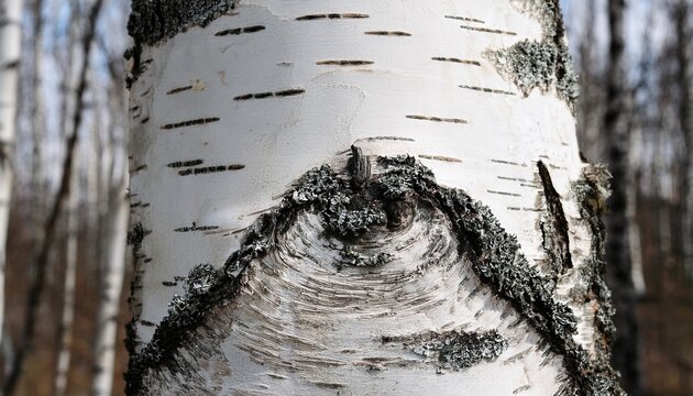 Close Up Of White Birch Bark With Dark Horizontal Markings And Knots