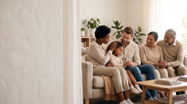A multi-generational family enjoys a heartwarming moment together on a comfortable sofa, sharing love, support, and connection in their modern home, highlighting cherished intergenerational bonds