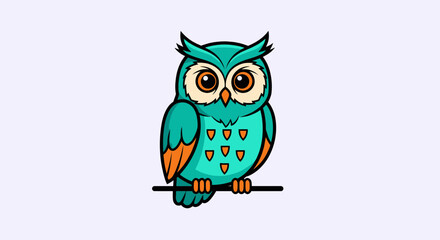 Fototapeta premium Cute Teal Owl Cartoon Character Sitting on a Branch, Isolated