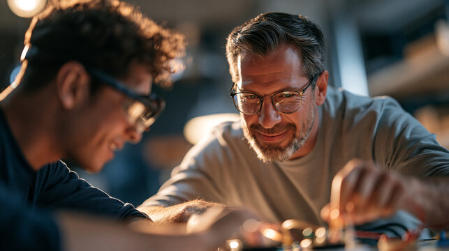 A vocational trainer guiding a student through electrical wiring practice using AR smart glasses, over-the-shoulder shot, dramatic side lighting, shot on 35mm lens, quiet concentra