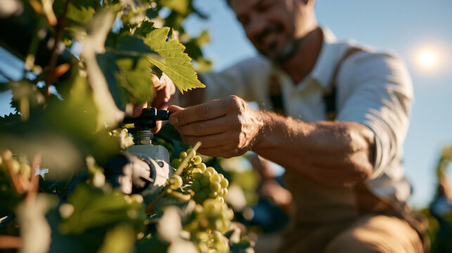 An agronomist adjusting a smart drip irrigation valve controller at the edge of a vineyard, close-up detail shot, high-key bright lighting, shot on 35mm lens, authentic unposed moo