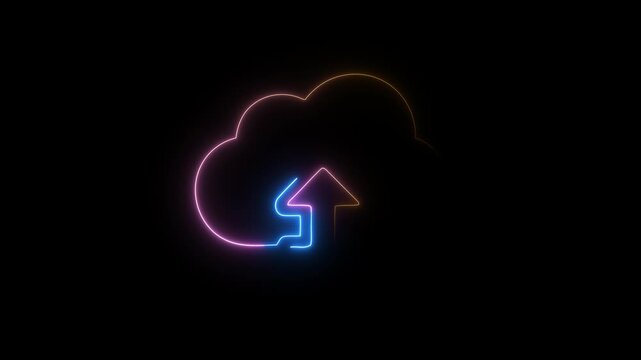 Neon cloud upload with blue and pink glow on a black background representing data transfer and storage