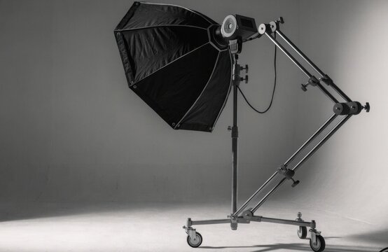 Studio lighting equipment with softbox on a wheeled stand