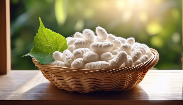 White Silkworm Cocoons Filled In A Woven Wicker Basket With A Fresh Mulberry Leaf Resting On A Bright Sunlit Window Sill With Soft Natural Background Light