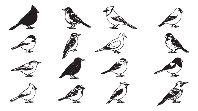 Vintage bird illustrations set, 16 black and white songbird icons. Hand drawn avian silhouettes, retro wildlife vector graphics for nature branding.