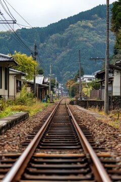 Train tracks receding into a village nestled at the base of a forested mountain