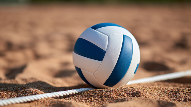 A bright white and blue volleyball rests on a fine, sun-warmed sandy court surface, positioned just beside a taut white boundary rope line. The volleyball, featuring its characteri