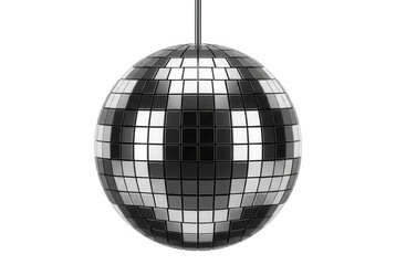 Fototapeta premium Eine glänzende, silberne Discokugel mit quadratischen Spiegelplättchen, die vor einem sauberen weißen Hintergrund hängt und eine festliche Party-Atmosphäre erzeugt.