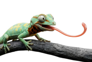 Fototapeta premium Ein niedlicher, bunter Gecko mit großen Augen streckt seine lange Zunge auf einem Ast vor einem weißen Hintergrund aus, ideal für kreative Tierdesigns.