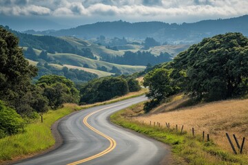 Fototapeta premium Winding asphalt road through rolling green hills under a cloudy sky