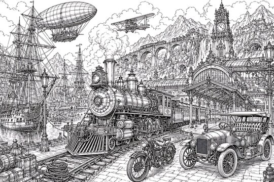 steampunk panorama, steampunk trains, steampunk airships, airship panorama, steam locomotive, steampunk locomotive, fantasy transportation, steampunk city, industrial cityscape, Victorian technology, 