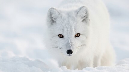 Naklejka premium Arctic Fox in Winter Snow: A majestic arctic fox, its pristine white fur blending seamlessly with the snowy landscape, peers intently at the camera with striking amber eyes.