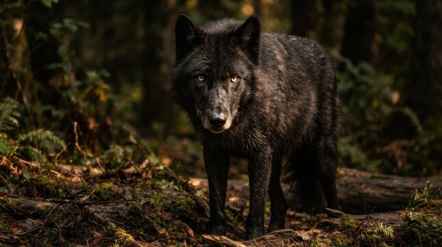 Shadowed Predator: A striking black wolf stands alert in a dense, moss-covered forest, its intense gaze piercing through the shadows, embodying the wild spirit of the wilderness.