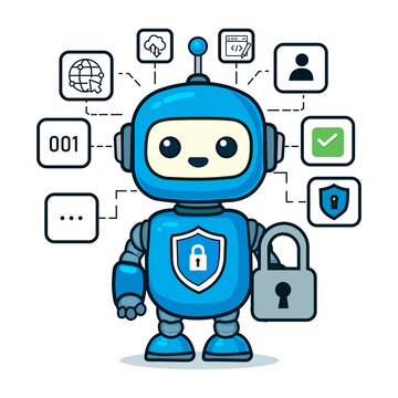 Cute robot assistant holds a padlock surrounded by square task icons, symbolizing user privacy and data protection. Smart helper technology, cyber security management, and confidentiality solutions.