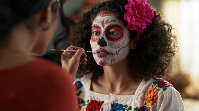 Dia de los Muertos Child Receiving Sugar Skull Face Painting