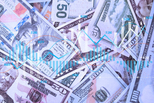 Digital stock market chart and financial data graph overlay on a pile of US dollar bills. Concept of forex trading, global economy, business investment, and financial growth.