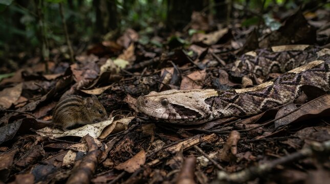 Camouflage Hunter: A Gaboon viper lies in wait, perfectly camouflaged among the leaf litter on the forest floor, its striking pattern blending seamlessly with the natural surroundings.