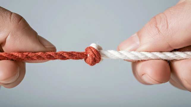Hands pulling two ropes connected by a knot symbolizing connection, problem solving, unity, and teamwork