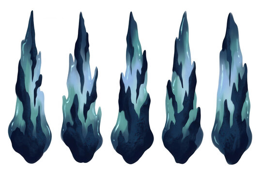 Eine Sammlung von f&uuml;nf abstrakten, spitz zulaufenden Eiszapfen oder kristallinen Felsformationen in Blau- und T&uuml;rkist&ouml;nen, isoliert auf einem wei&szlig;en Hintergrund f&uuml;r grafische Designs.