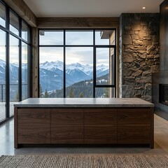 Naklejka premium Modern luxury kitchen island with stone wall and expansive floor to ceiling windows overlooking snowy mountain peaks