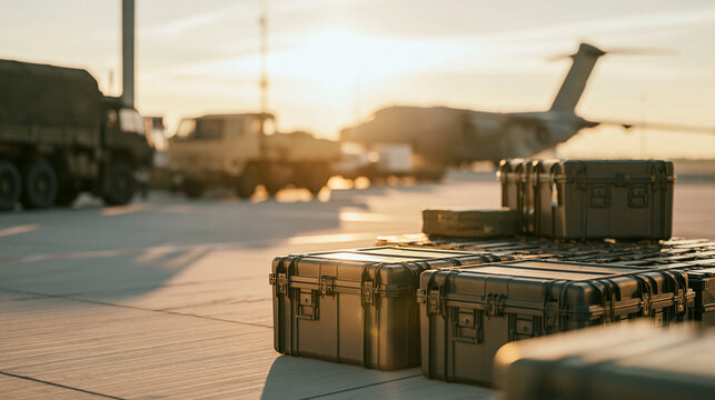 Military equipment cases on airfield tarmac, preparing for logistics and air transport at sunset