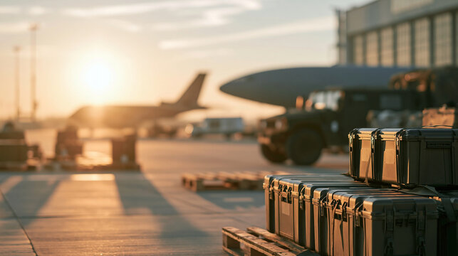Military cargo cases stacked on pallets at an airport base, preparing for air cargo logistics and deployment at sunset