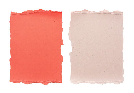 Two torn paper scraps one coral and one pale pink on transparent background